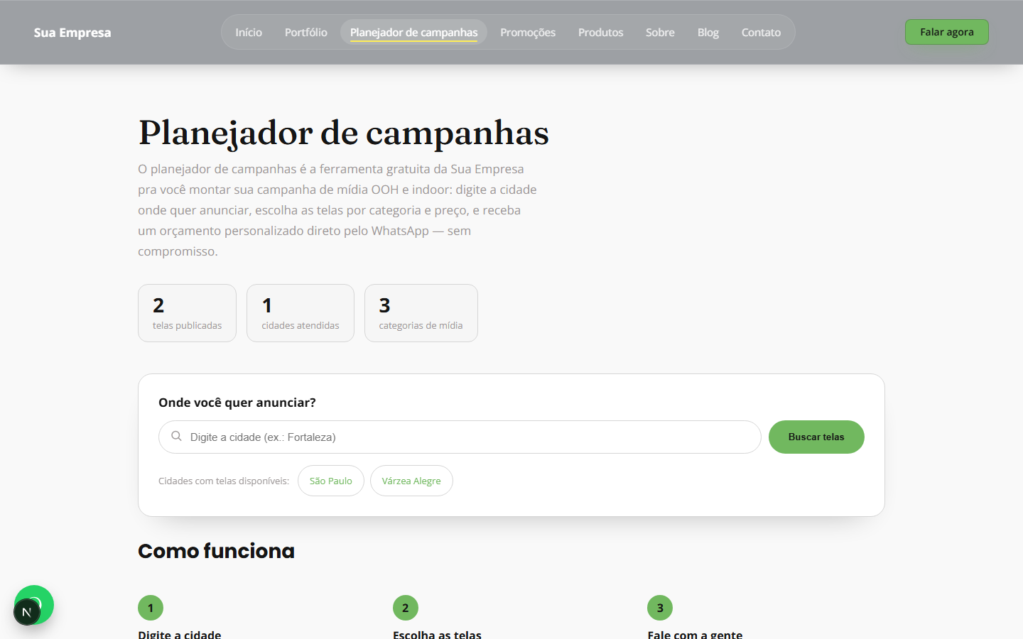 Planejador de campanhas com busca por cidade e telas disponíveis